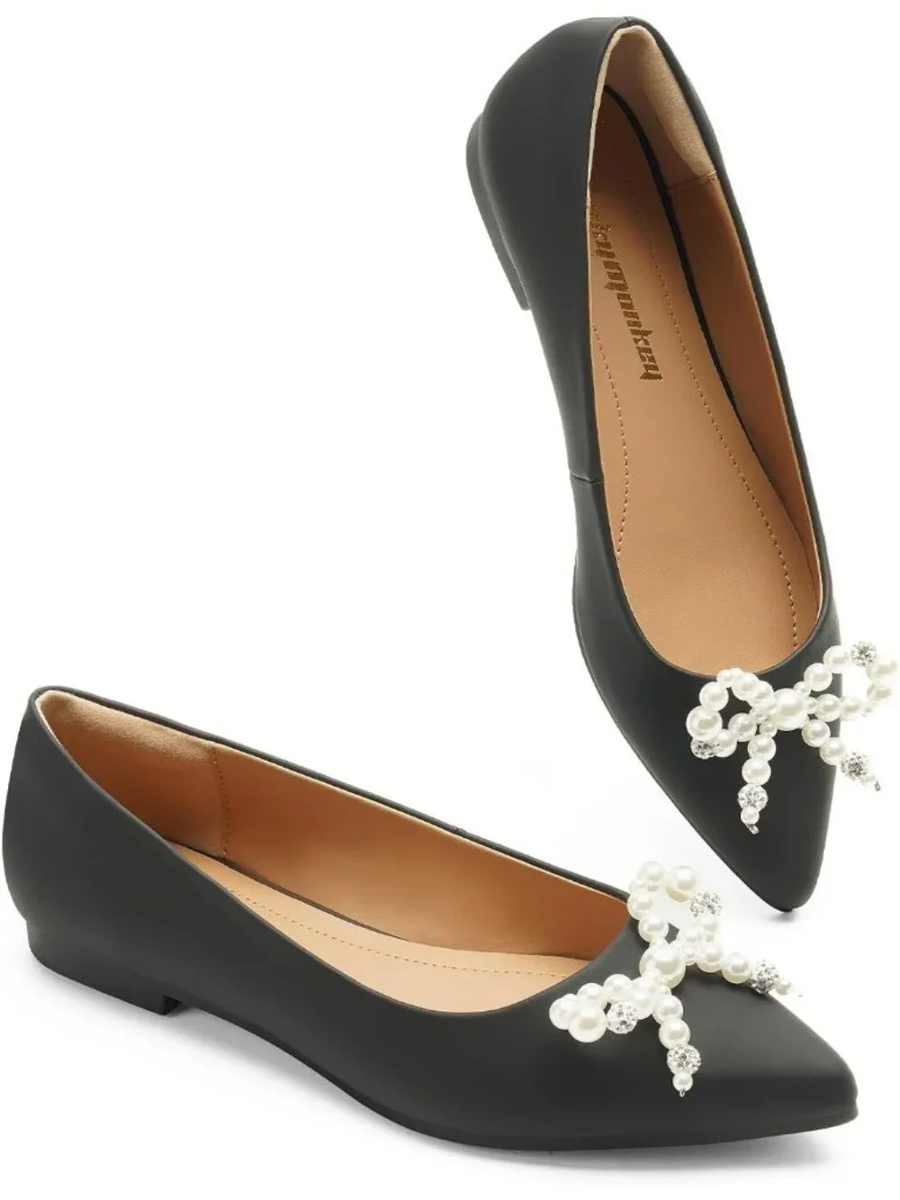 FUNKYMONKEY Women's Black Faux Leather Pointed Toe Slip On Ballet Low Heel Flats